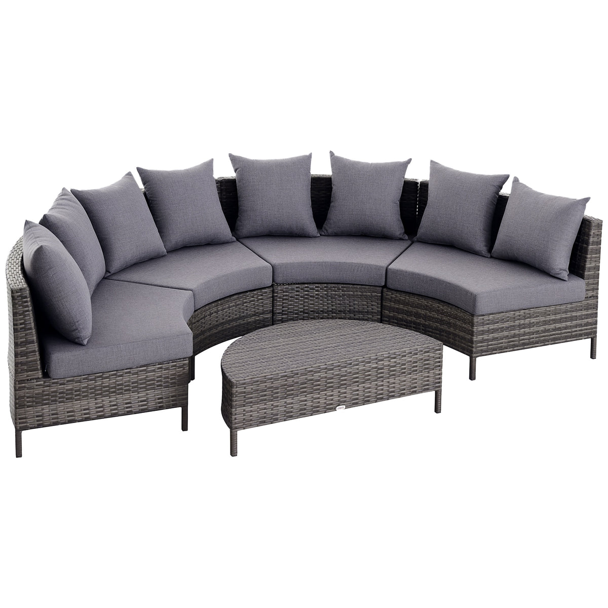 Grey four-seat half-round rattan sofa set with cushions and matching coffee table