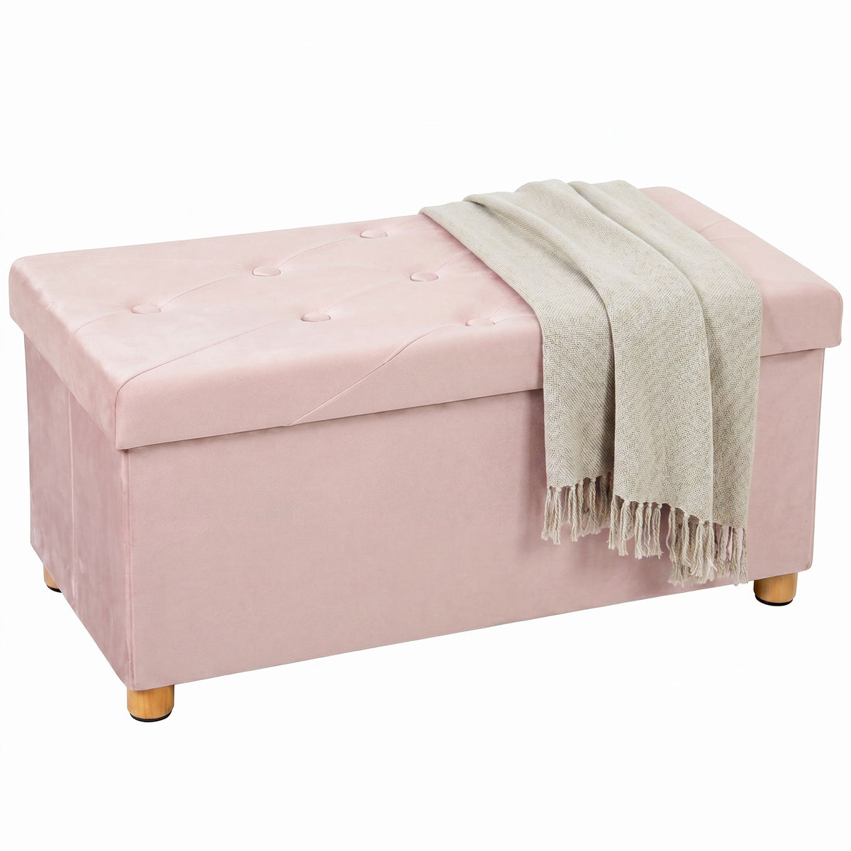 Photo of HOMCOM Velvet Upholstered Foldable Ottoman Footrest, Storage Ottoman Bench with Wood Legs for Living Room, Pink in Pink colour on a white background
