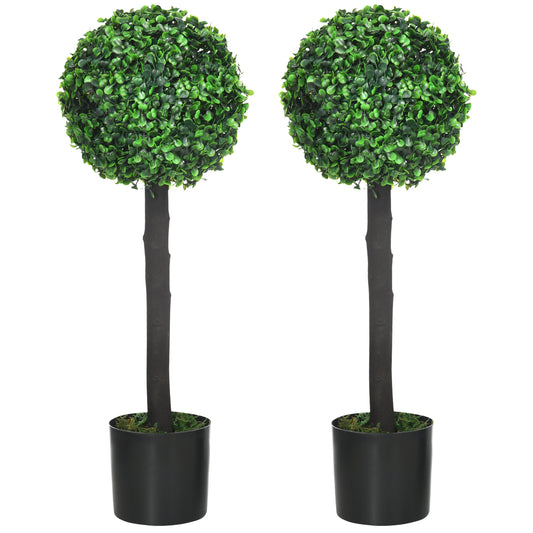 Photo of HOMCOM Set of 2 Artificial Plants Boxwood Ball Trees in Pot Fake Plants for Home Indoor Outdoor Decor, 20x20x60cm, Green in Green colour on a white background
