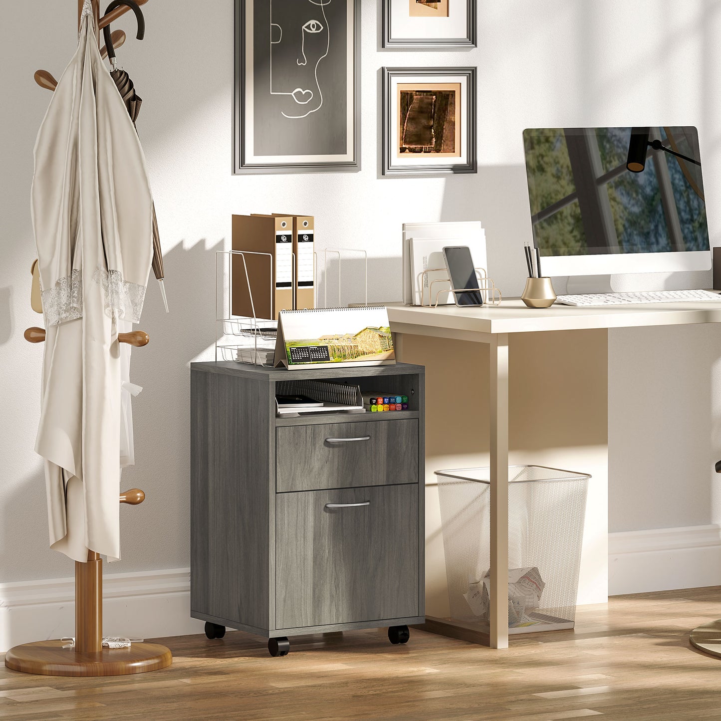 HOMCOM Filing Cabinet, Mobile File Cabinet with 2 Drawers, Office Home Organiser on Wheels for A4, Letter-Size File Folders, Mobile Printer with Open Shelf, Grey