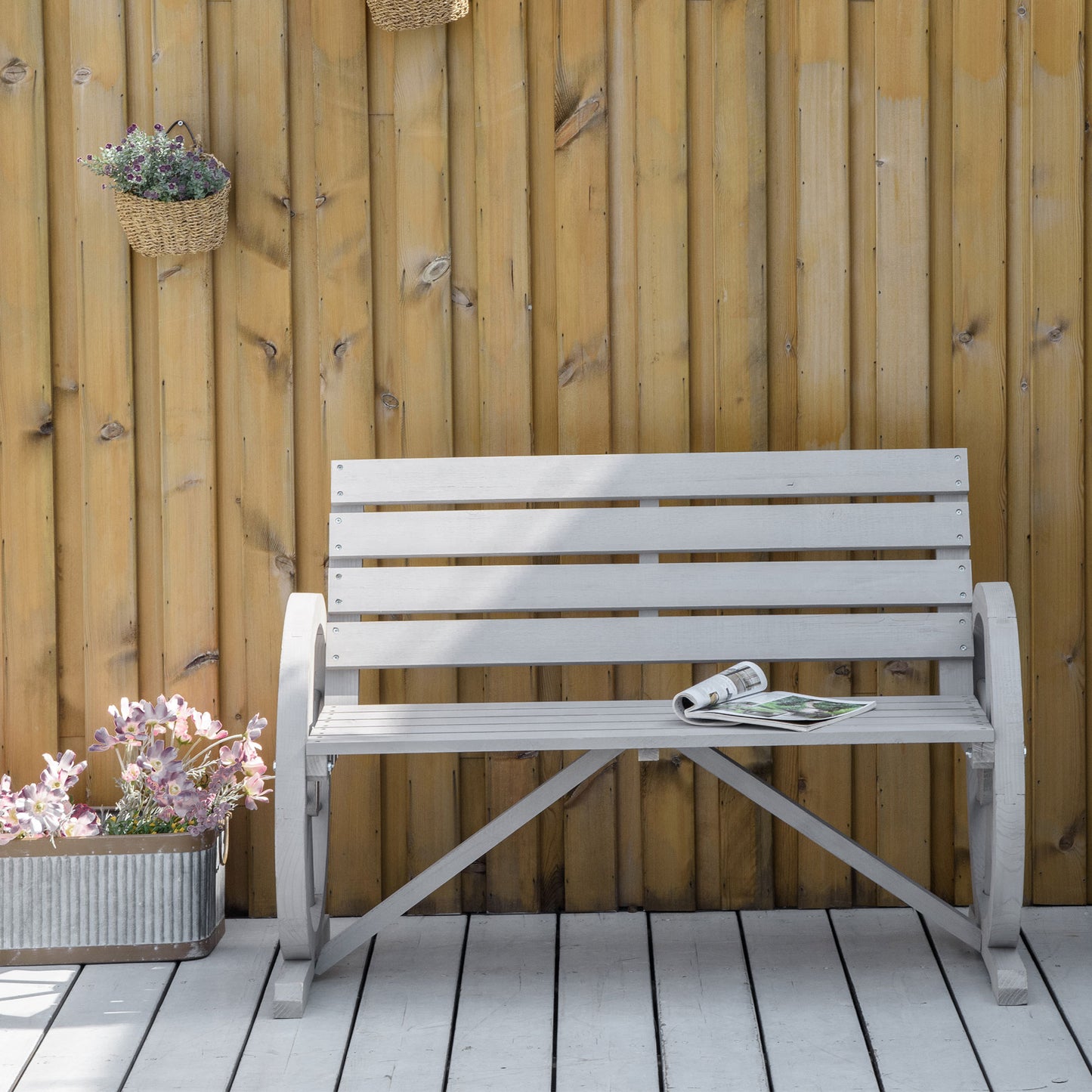 Outsunny Wooden Cart Wagon Wheel 2 Seater Garden Bench Outdoor Garden Armrest Chair Rustic High Back Loveseat Grey