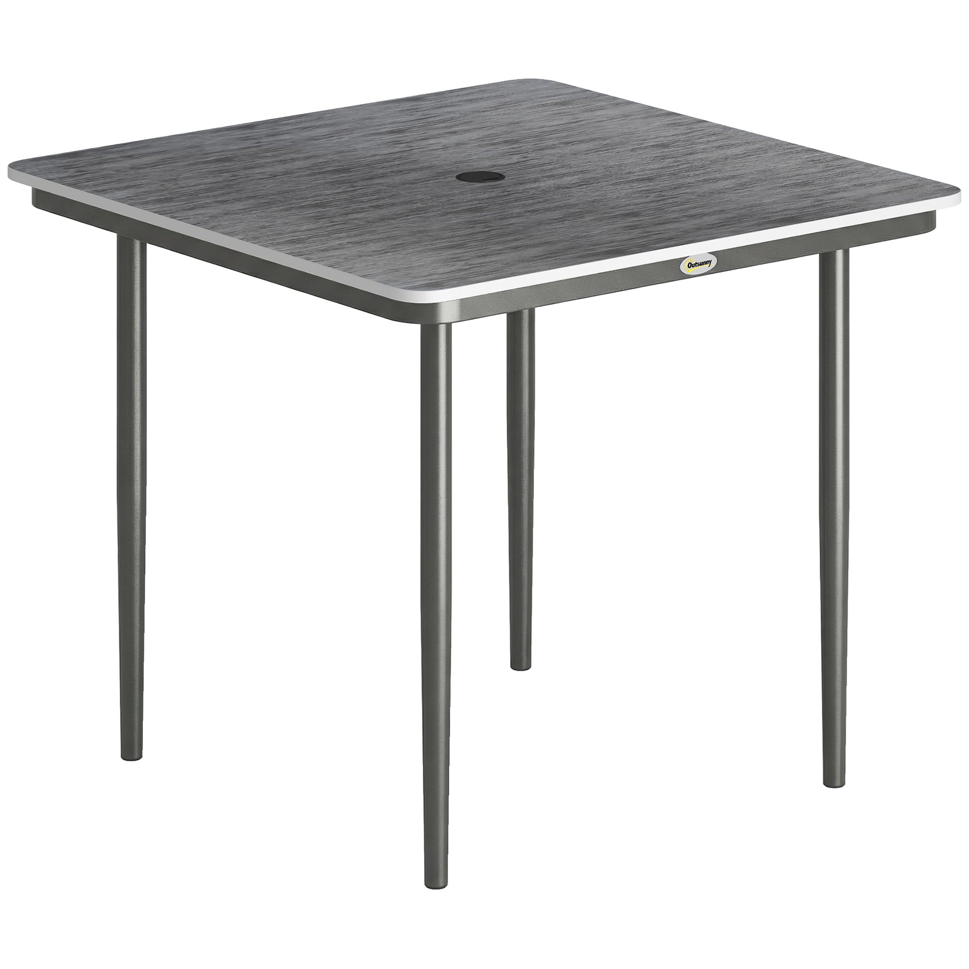 Photo of Outsunny Garden Dining Table for 4, 85 cm Square Outdoor Table with Umbrella Hole, Faux Wood Top, Metal Legs, Dark Grey in Grey colour on a white background