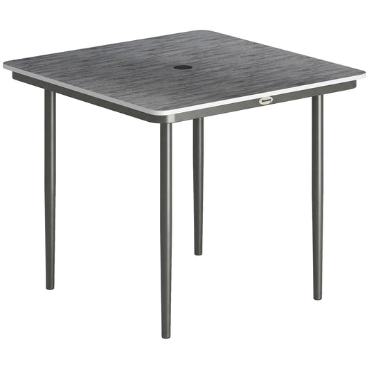 Photo of Outsunny Garden Dining Table for 4, 85 cm Square Outdoor Table with Umbrella Hole, Faux Wood Top, Metal Legs, Dark Grey in Grey colour on a white background