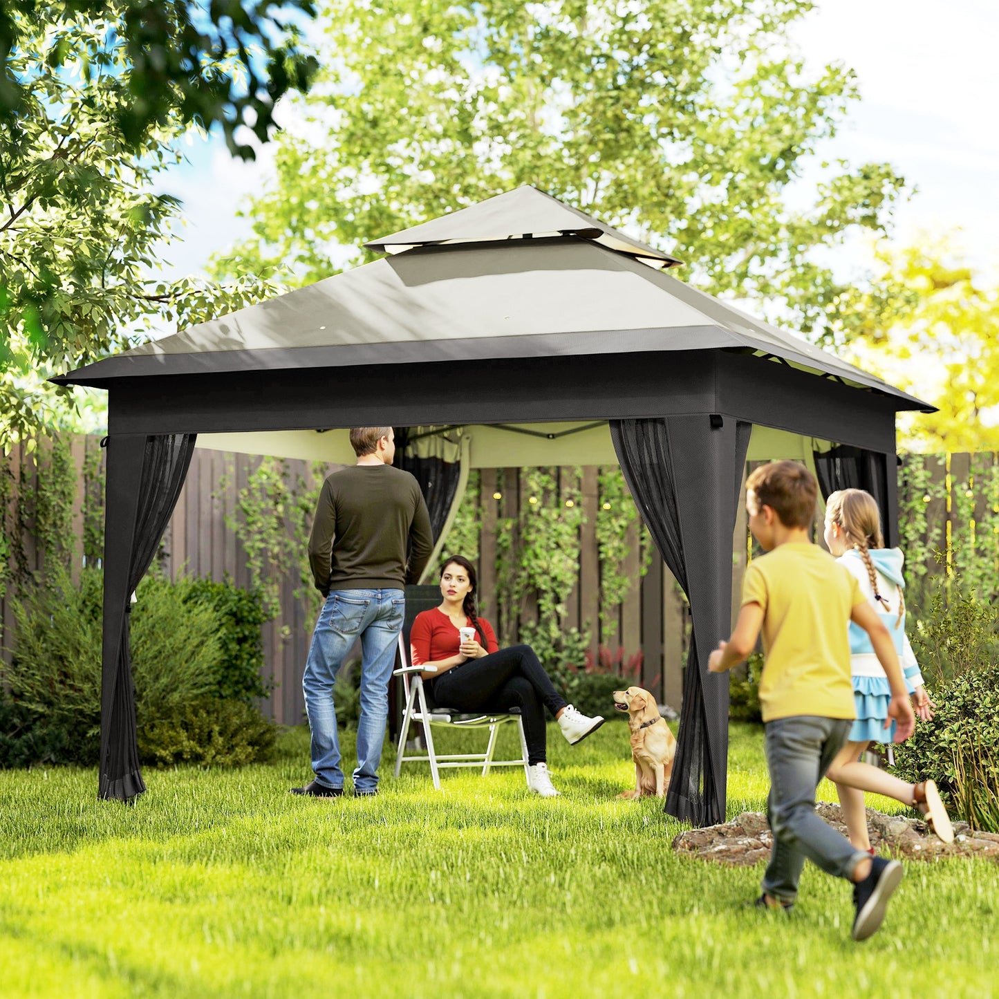 Outsunny 3 x 3(m) Pop Up Gazebo with Mosquito Netting, Easy Setup Marquee Party Tent with 1-Button Push, Double Roof, Carry Bag, Sandbags, Height Adjustable Instant Shelter, Grey