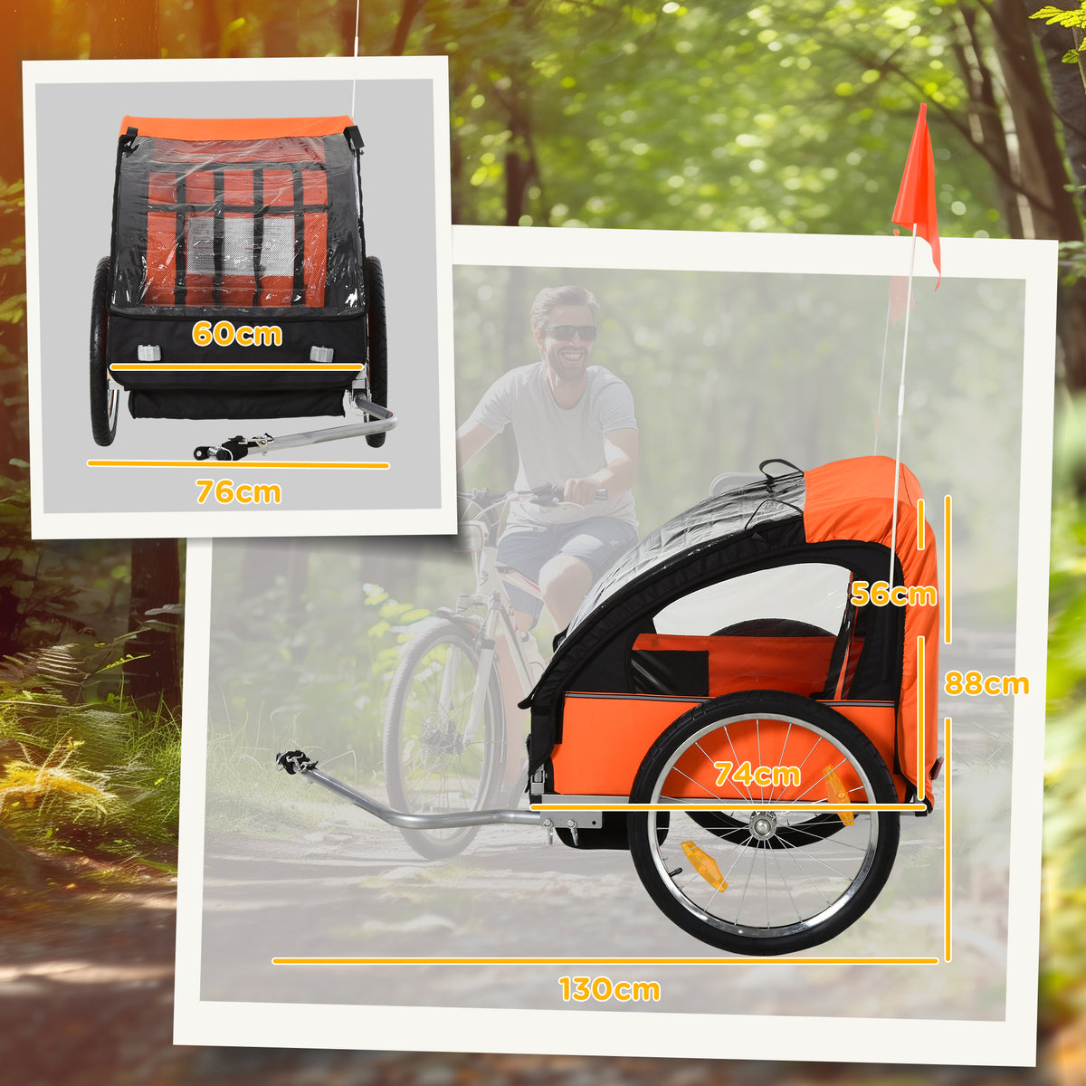 HOMCOM orange and black two-seat bike trailer with dimensions labeled, including 130 cm length