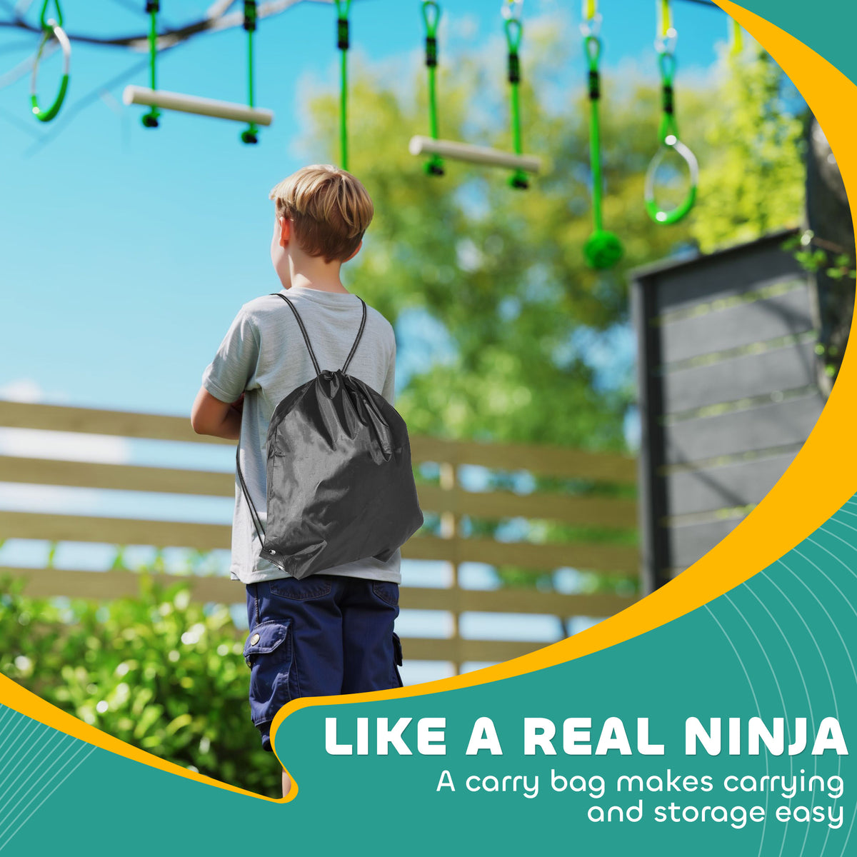 AIYAPLAY kids zip line kit with a child carrying its storage bag