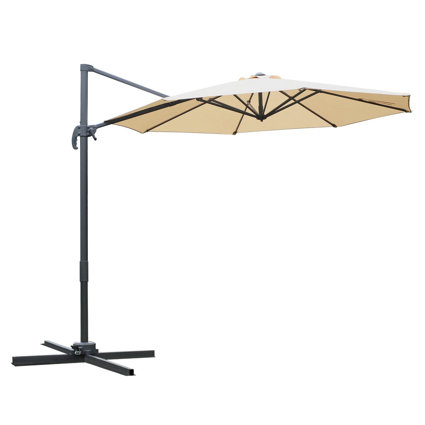 Photo of Outsunny Round Umbrella Parasol W/ Tilt 360° Rotation and Hand Crank Cross Base-Beige in Base-Beige colour on a white background