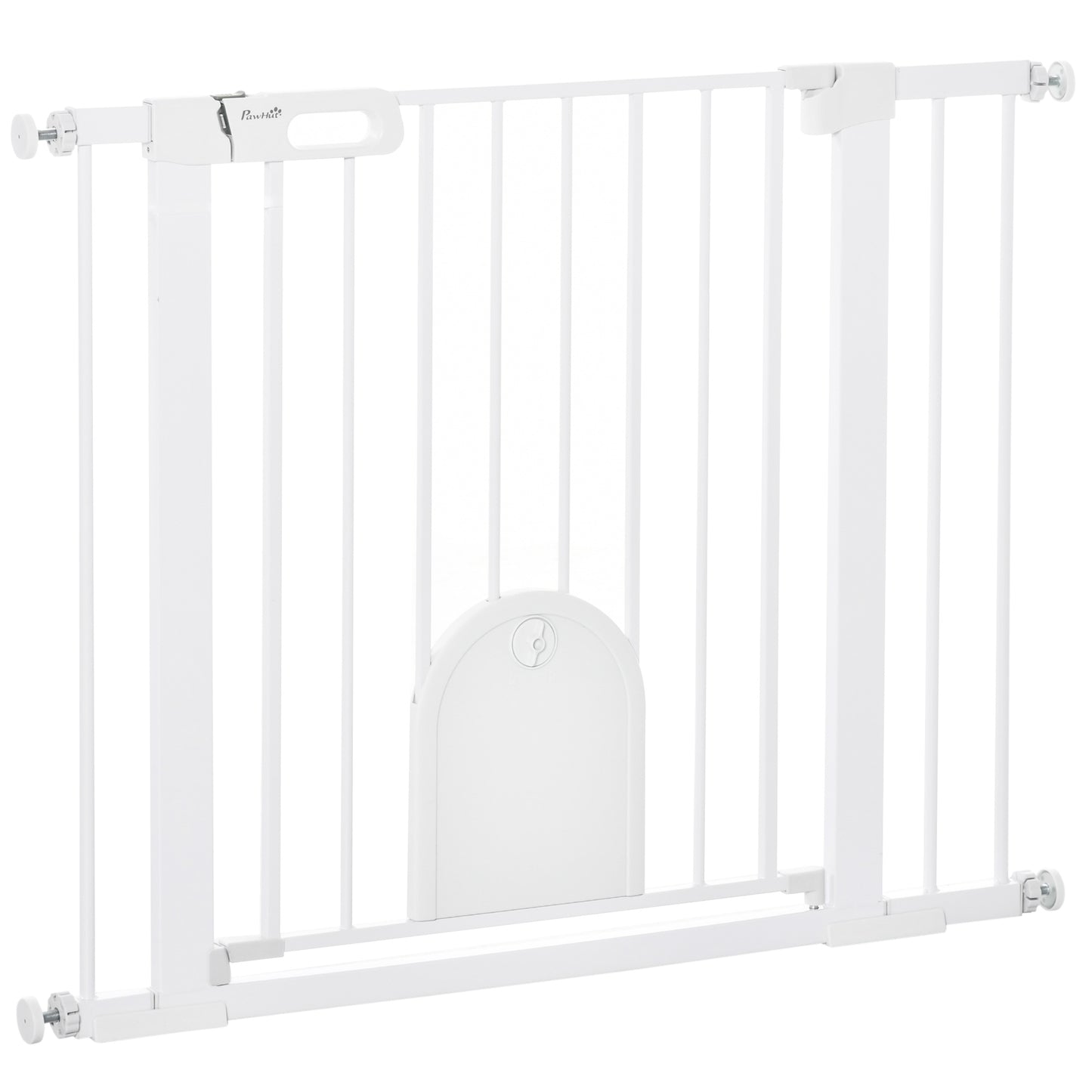 Photo of PawHut Dog Gate with Cat Flap Pet Safety Gate Barrier, Stair Pressure Fit, Auto Close, Double Locking, for Doorways, Hallways, 75-103 cm White in White colour on a white background
