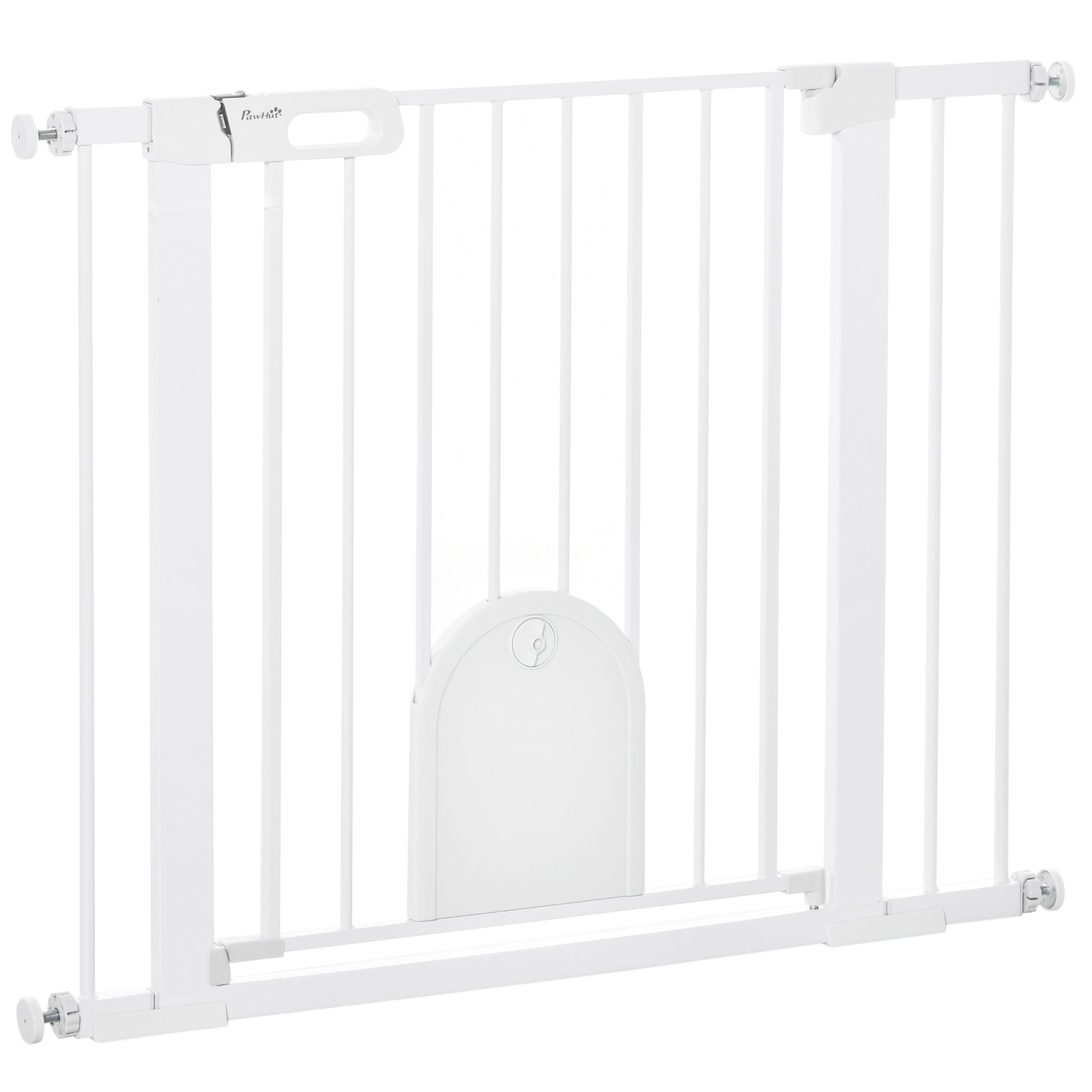 Photo of PawHut Dog Gate with Cat Flap Pet Safety Gate Barrier, Stair Pressure Fit, Auto Close, Double Locking, for Doorways, Hallways, 75-103 cm White in White colour on a white background