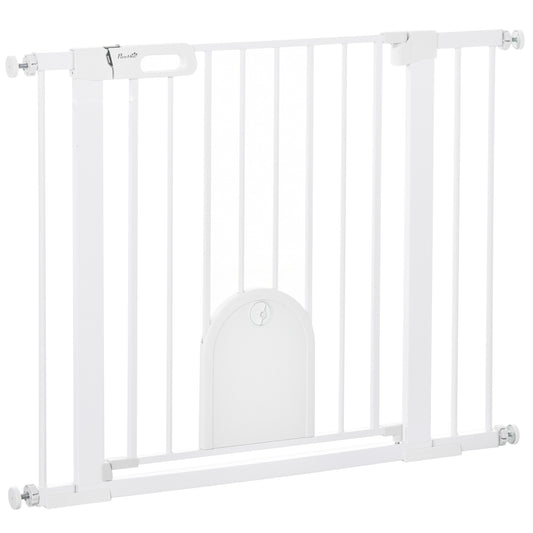 Photo of PawHut Dog Gate with Cat Flap Pet Safety Gate Barrier, Stair Pressure Fit, Auto Close, Double Locking, for Doorways, Hallways, 75-103 cm White in White colour on a white background
