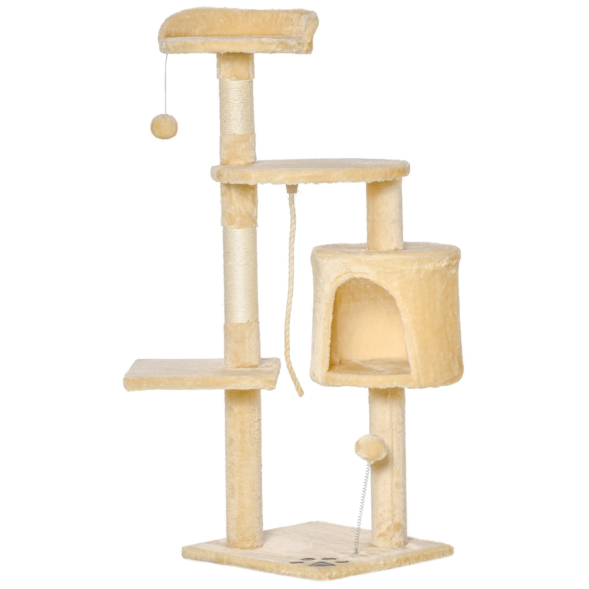 Photo of PawHut Cat Tree for Indoor Cats Pet Activity Centre Kitty Condo Climbing Scratching Post with Toys 4-tier 114cm Tall Beige in Beige colour on a white background