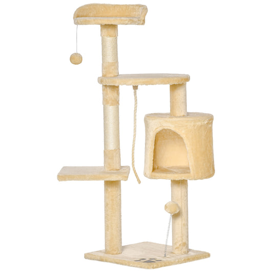 Photo of PawHut Cat Tree for Indoor Cats Pet Activity Centre Kitty Condo Climbing Scratching Post with Toys 4-tier 114cm Tall Beige in Beige colour on a white background