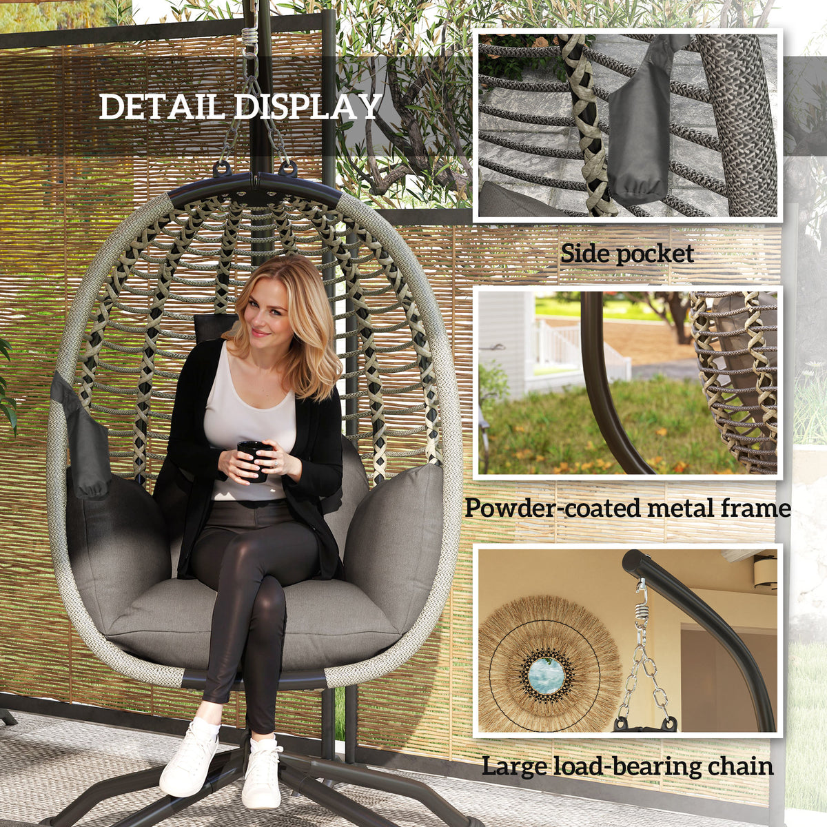Outsunny egg chair detail showing side pocket, metal frame, and hanging chain