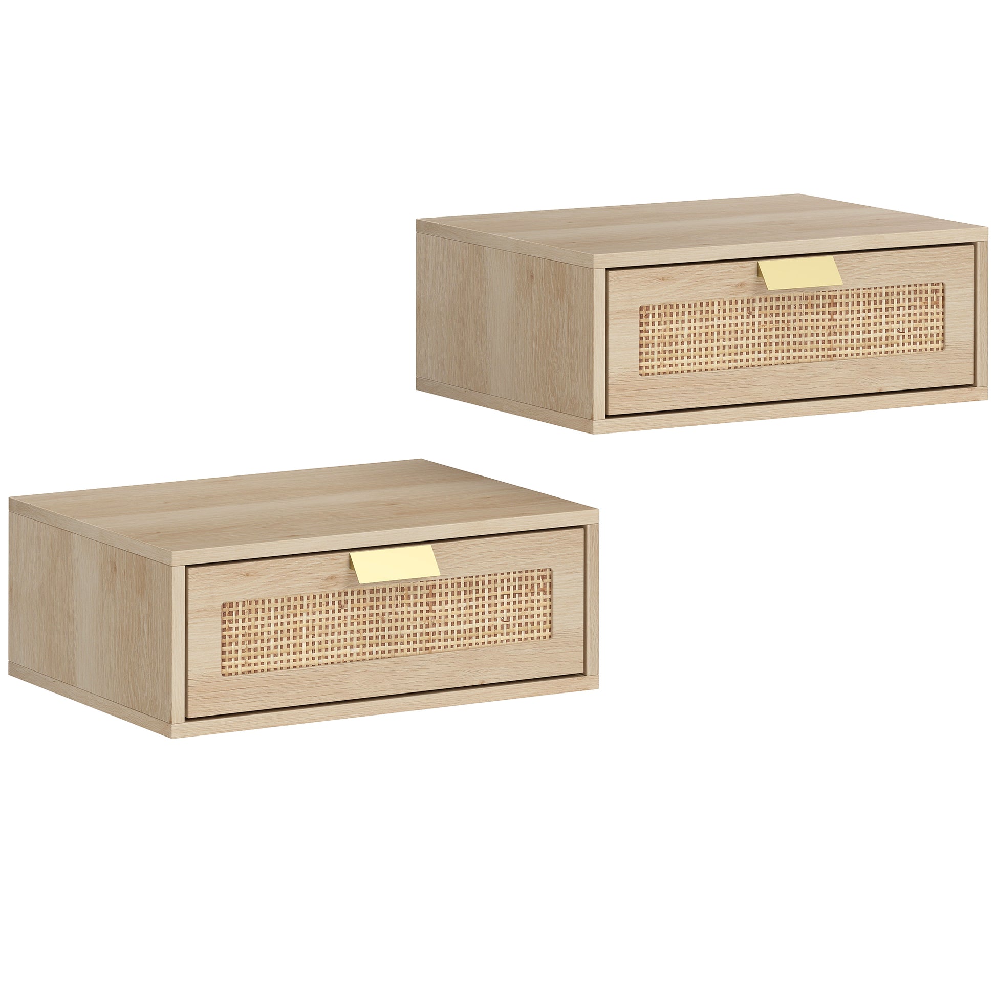 Photo of HOMCOM Floating Bedside Tables Set of 2, Wall Mounted Bedside Cabinets with Rattan Drawer and Wood Effect, Oak in Oak colour on a white background