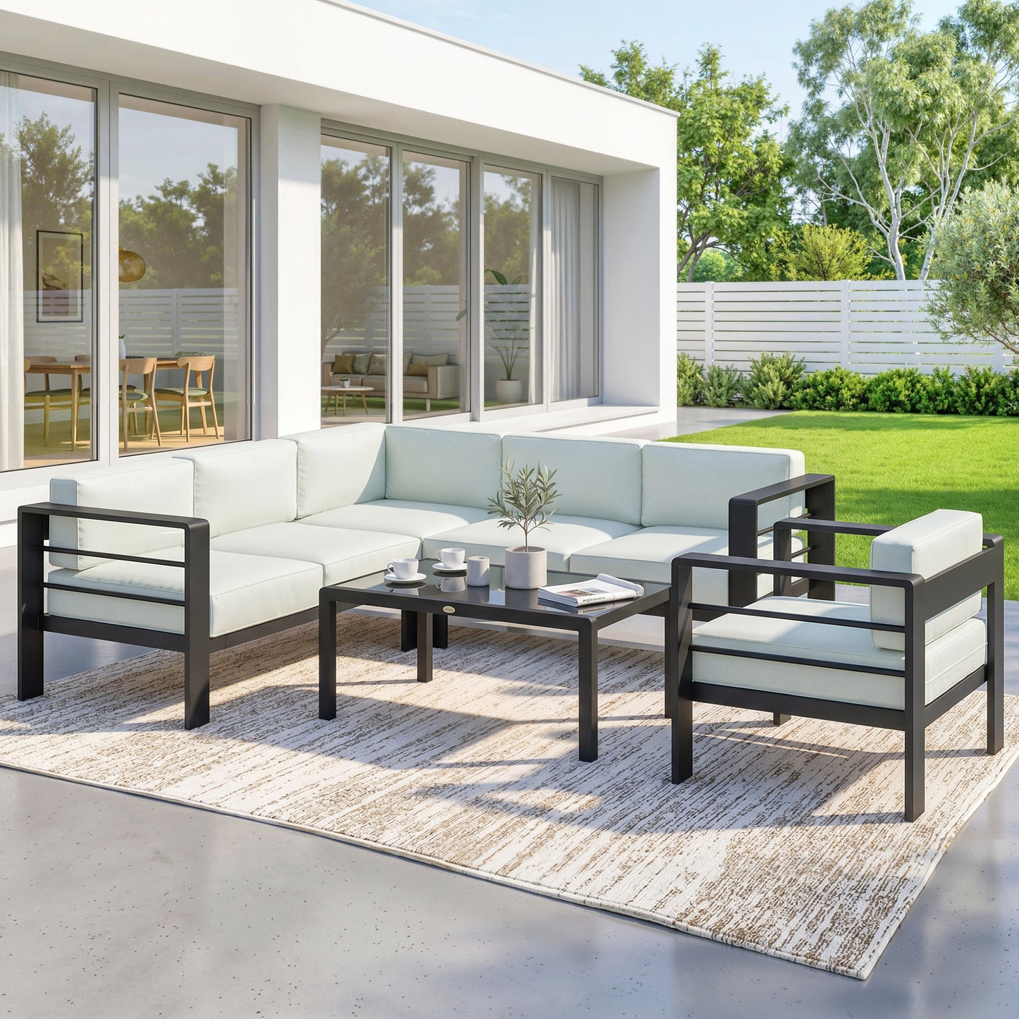 Outsunny 5-Piece Garden Corner Sofa Set with Cushions, 6 Seater Aluminium Garden Furniture Set with Coffee Table, Light Grey