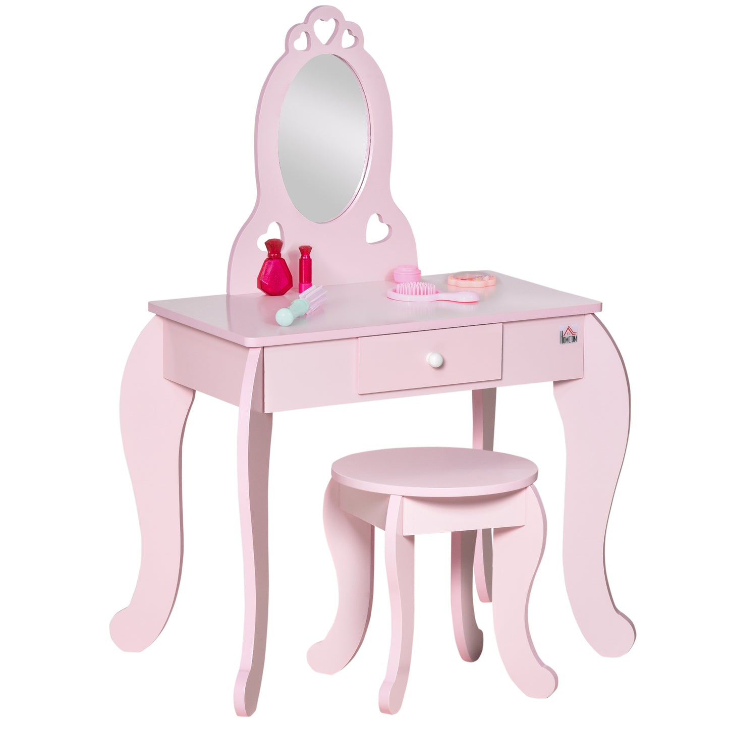 Photo of HOMCOM Kids Vanity Table & Stool Girls Dressing Set Make Up Desk Chair Dresser Play Set with Mirror Pink in Pink colour on a white background