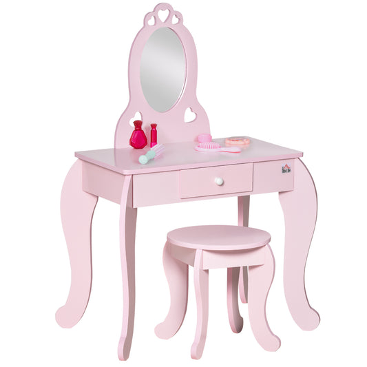 Photo of HOMCOM Kids Vanity Table & Stool Girls Dressing Set Make Up Desk Chair Dresser Play Set with Mirror Pink in Pink colour on a white background