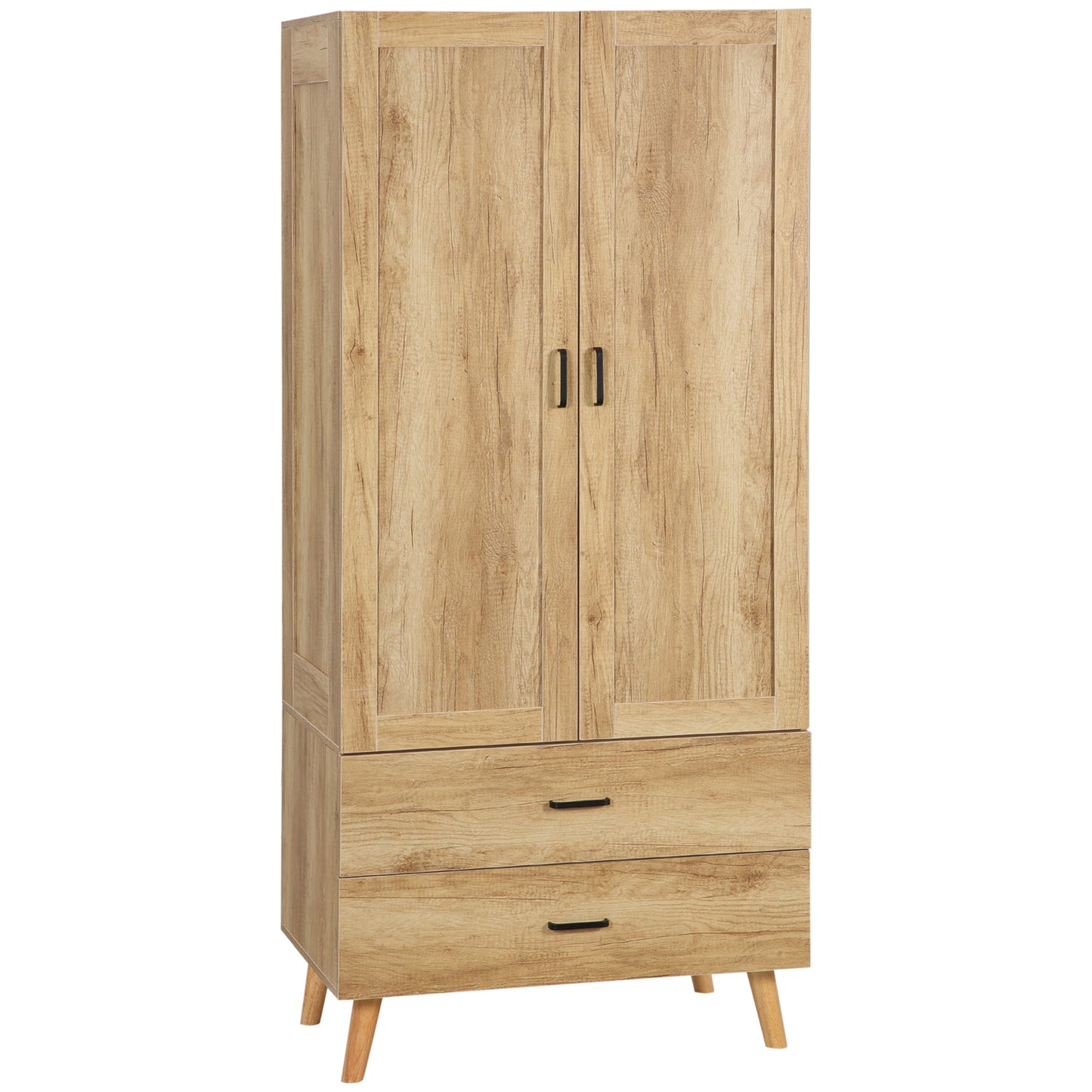 Photo of HOMCOM 2 Door Wardrobe, Modern Wardrobe with 2 Drawer and Hanging Rail for Bedroom, Natural in Natural colour on a white background