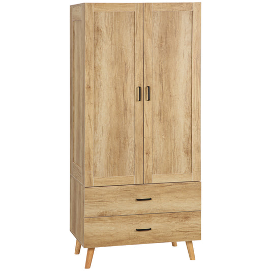 Photo of HOMCOM 2 Door Wardrobe, Modern Wardrobe with 2 Drawer and Hanging Rail for Bedroom, Natural in Natural colour on a white background