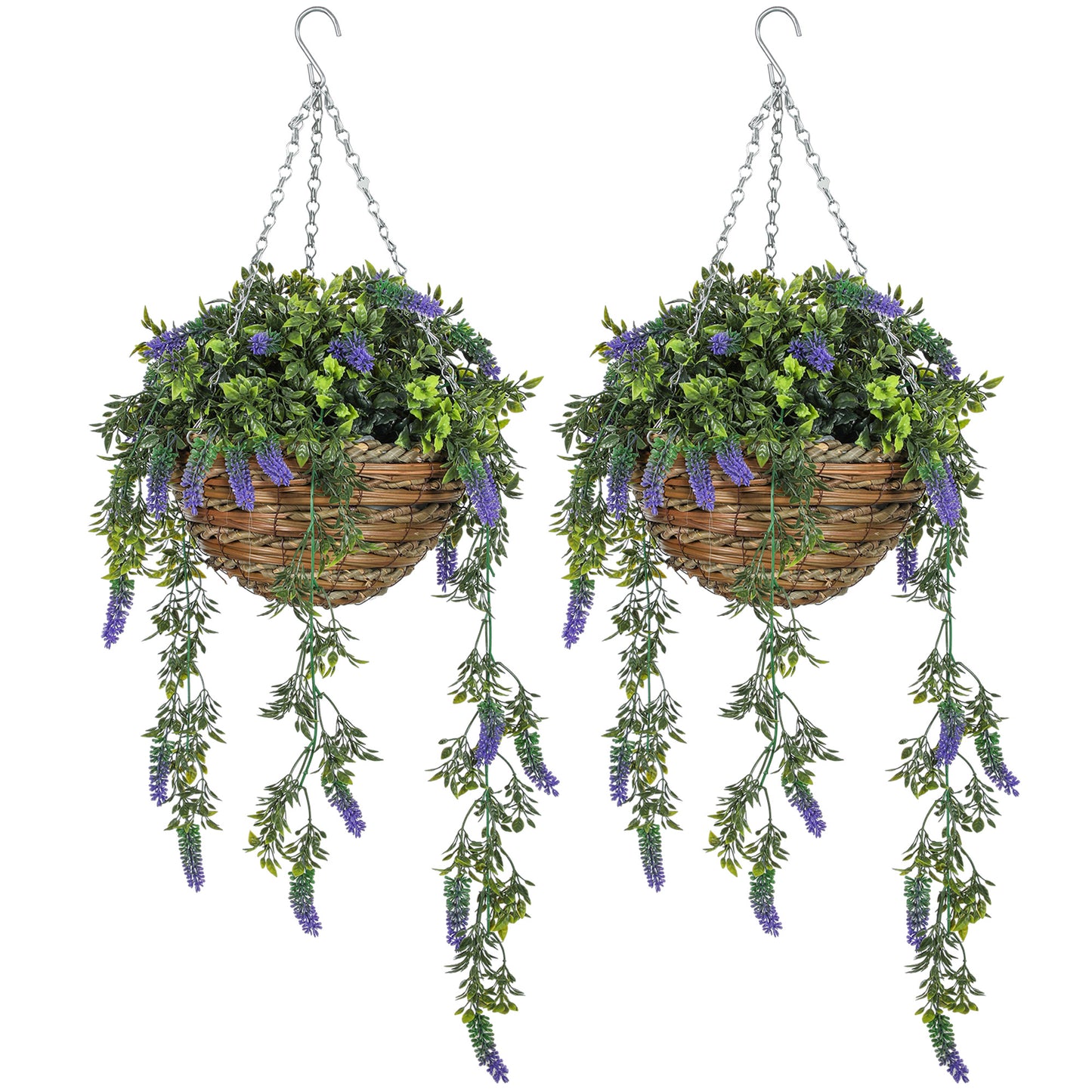 Photo of HOMCOM Set of 2 Decorative Artificial Plants, Faux Silk Lavender Flowers in Hanging Baskets, Fake Plants for Home Indoor Outdoor Decor, Purple in Purple colour on a white background