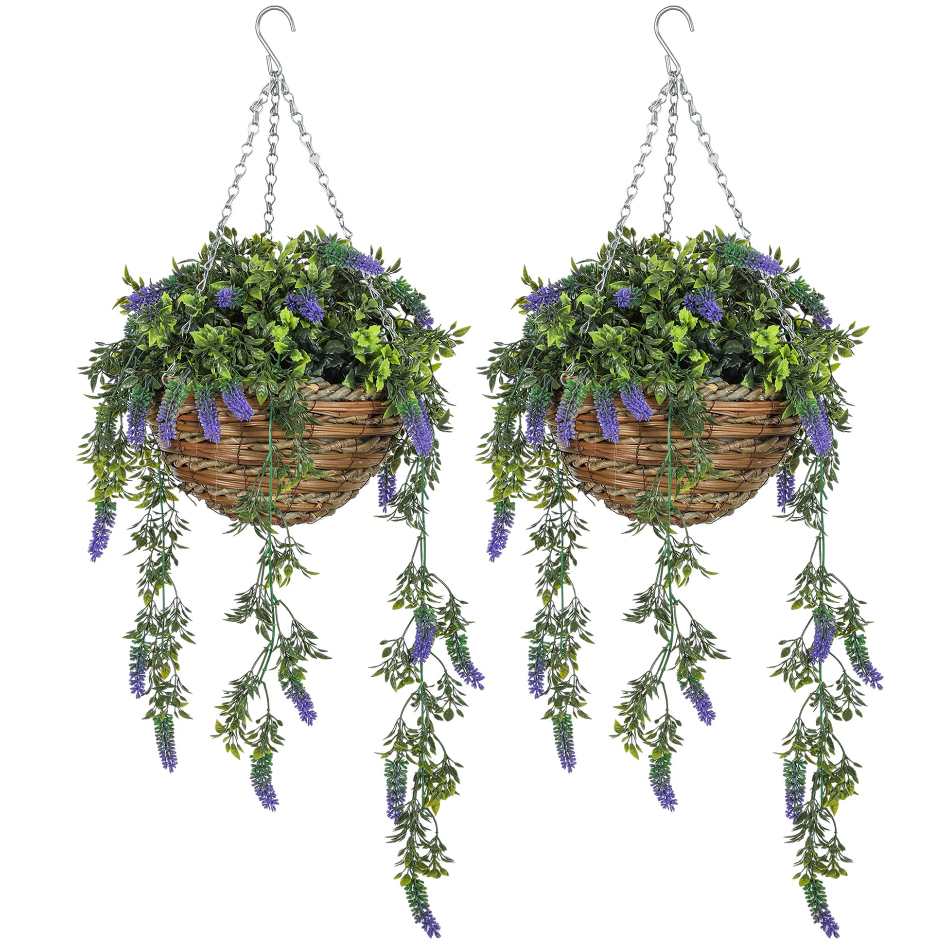 Photo of HOMCOM Set of 2 Decorative Artificial Plants, Faux Silk Lavender Flowers in Hanging Baskets, Fake Plants for Home Indoor Outdoor Decor, Purple in Purple colour on a white background
