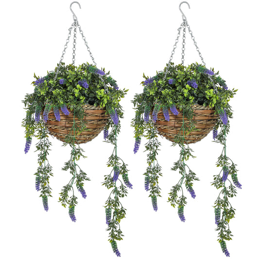 Photo of HOMCOM Set of 2 Decorative Artificial Plants, Faux Silk Lavender Flowers in Hanging Baskets, Fake Plants for Home Indoor Outdoor Decor, Purple in Purple colour on a white background