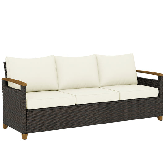 Photo of Outsunny 3 Seater Rattan Garden Sofa, PE Wicker Outdoor Sofa Wide Deep Seat, 4" Cushions, Wood-Effect Armrests Legs, Brown in Brown colour on a white background
