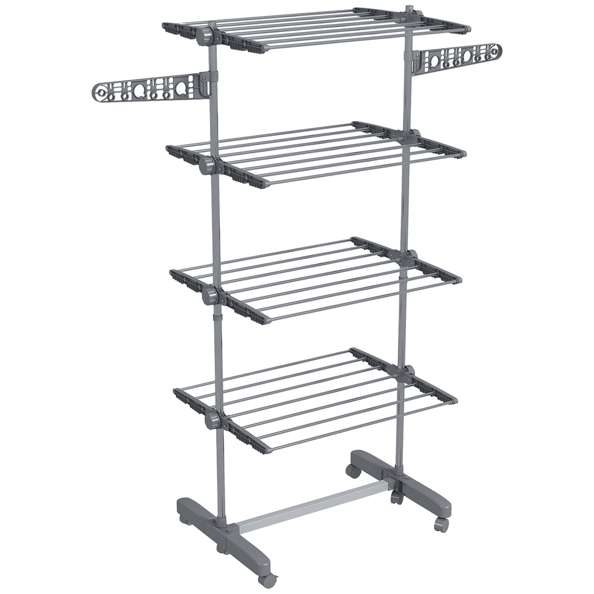 Photo of HOMCOM Four-Shelf Collapsing Clothes Horse, With Side Arms and Wheels - Grey in Grey colour on a white background