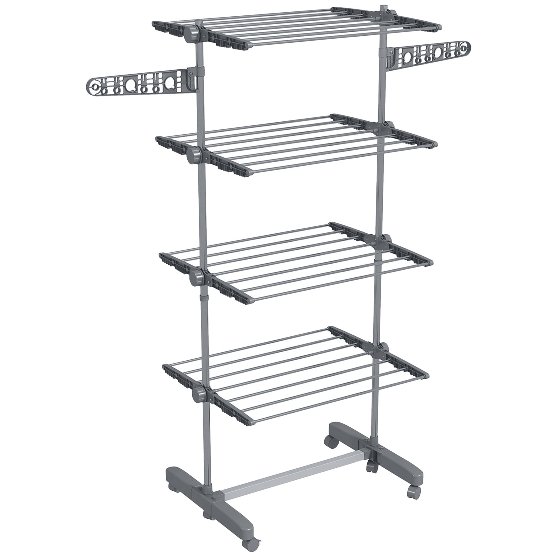 Photo of HOMCOM Four-Shelf Collapsing Clothes Horse, With Side Arms and Wheels - Grey in Grey colour on a white background
