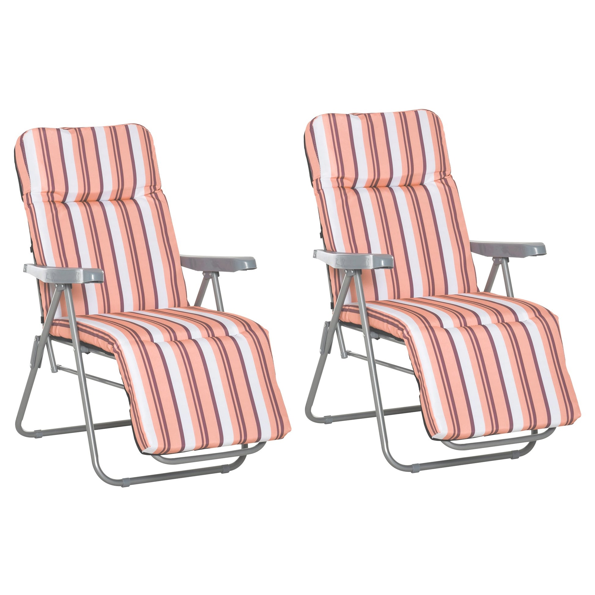 Photo of Outsunny Reclining Garden Chair Set of 2, 5-Level Adjustable Zero Gravity Chairs with Cushions, Folding Sun Lounger Garden Recliner Chairs with Armrests for Outdoor, Patio, Orange Stripe in Stripe colour on a white background