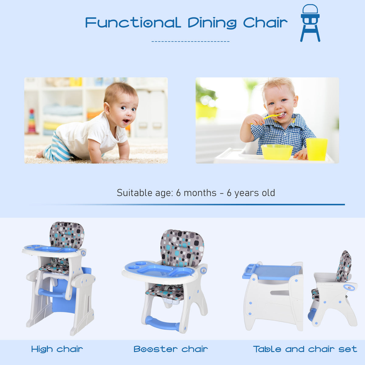HOMCOM convertible high chair shown as a high chair, booster seat, and table and chair set