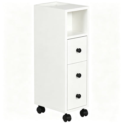 White slimline bathroom cabinet with an open shelf, three drawers and four caster wheels