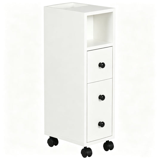 White slimline bathroom cabinet with an open shelf, three drawers and four caster wheels