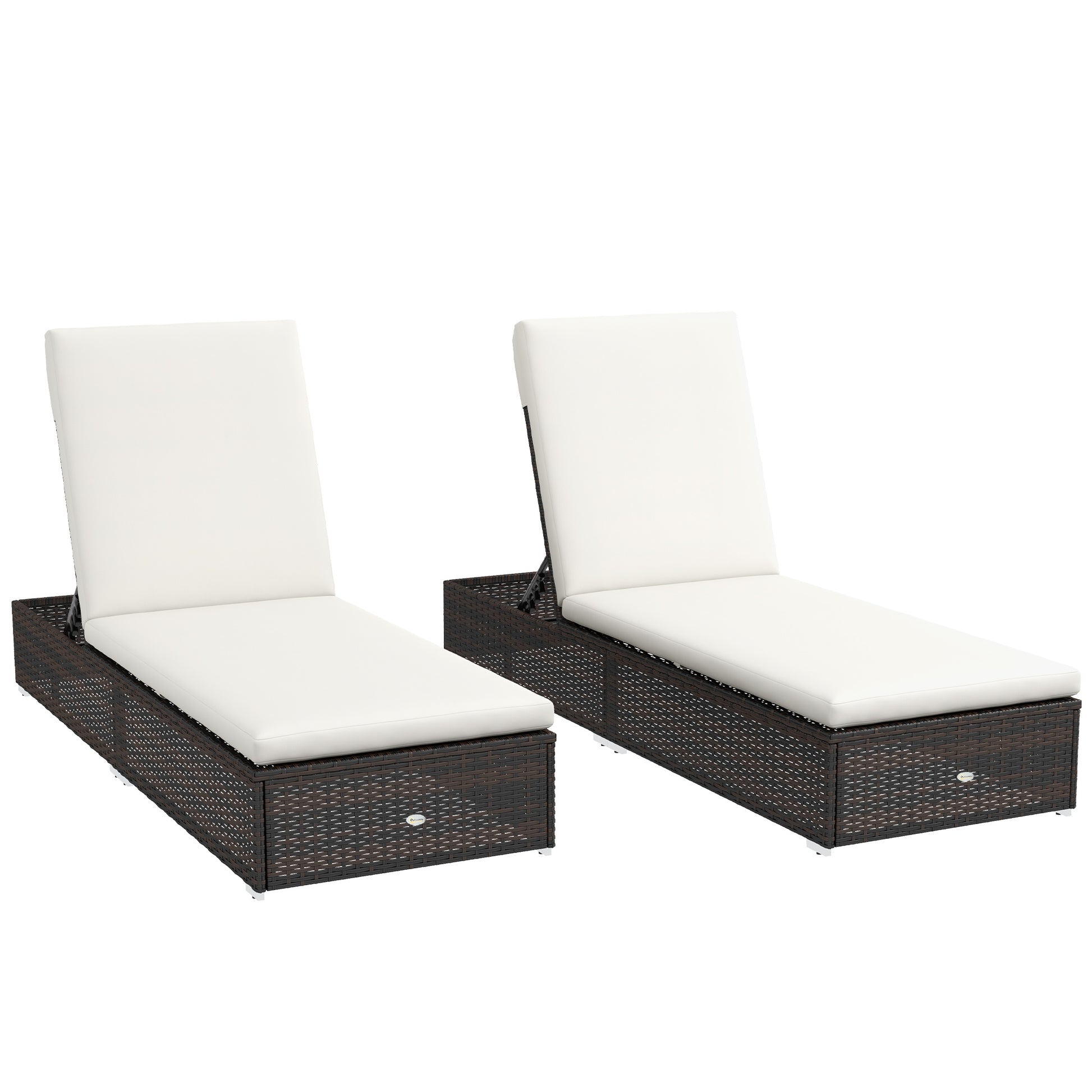 Photo of Outsunny Set of Two Rattan Sun Loungers, with Reclining Backs - Brown/Cream in Brown/Cream colour on a white background