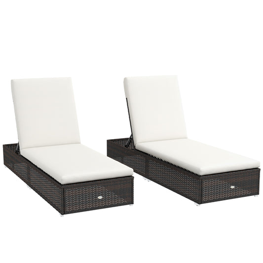 Photo of Outsunny Set of Two Rattan Sun Loungers, with Reclining Backs - Brown/Cream in Brown/Cream colour on a white background