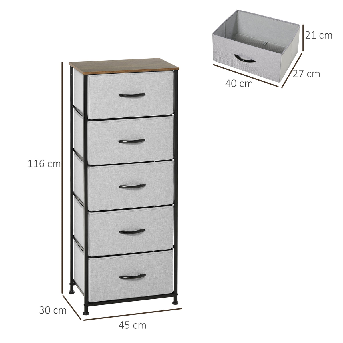 Five-drawer fabric chest with steel frame and wood top, shown with dimensions