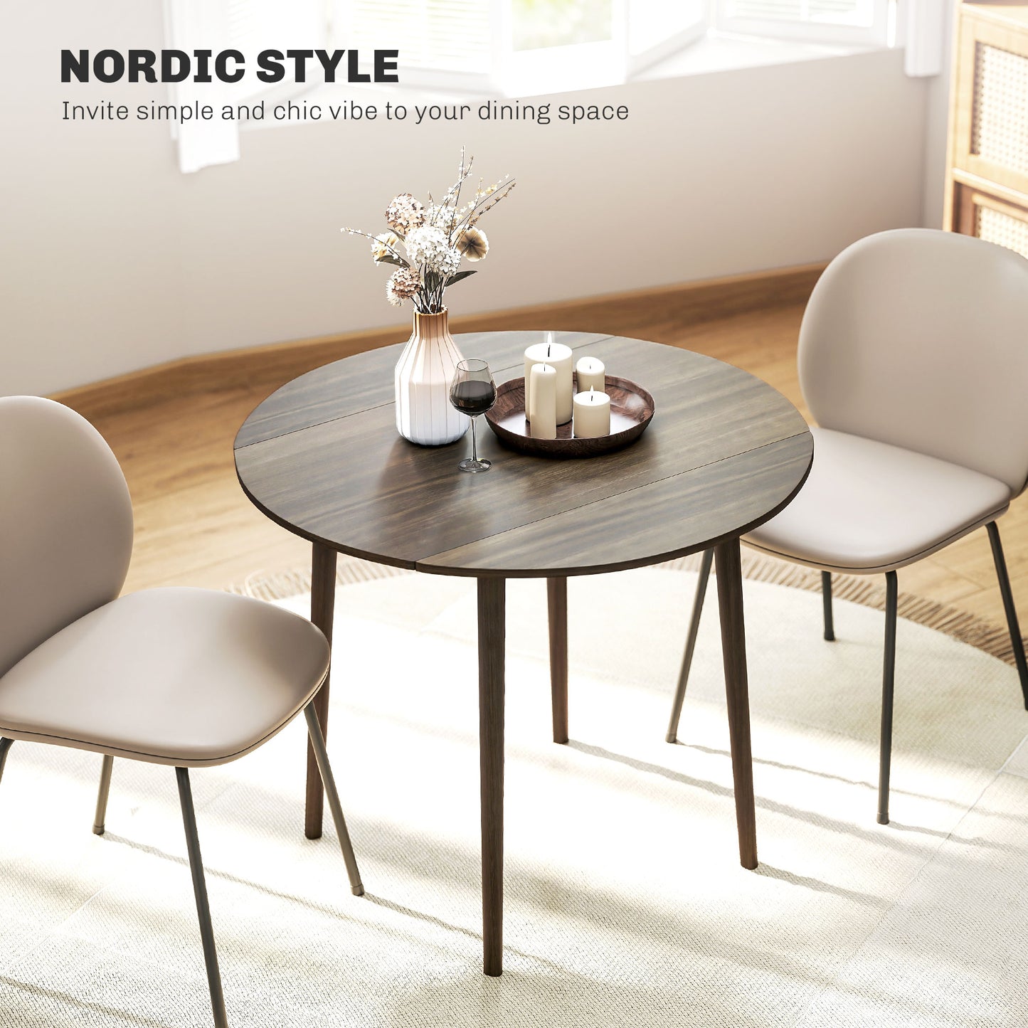HOMCOM Folding Dining Table for 4, Round Drop Leaf Table, Modern Space Saving Small Kitchen Table with Wood Legs for Dining Room, Grey