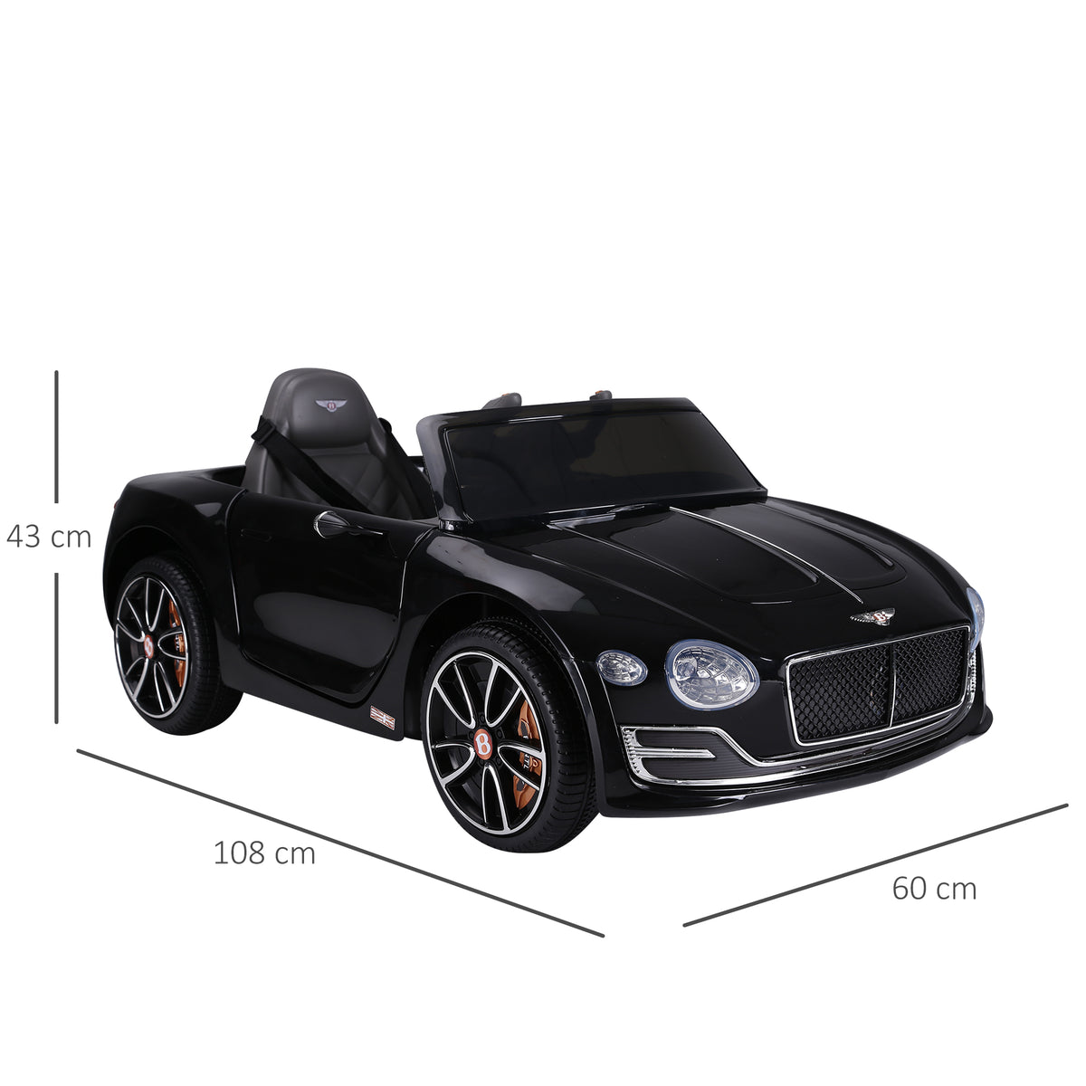 Black HOMCOM Bentley GT ride-on car with dimensions of 108 cm long, 60 cm wide and 43 cm high