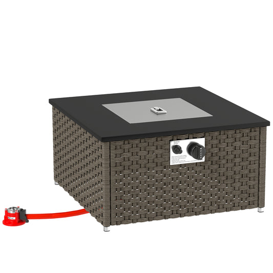 Photo of Outsunny Rattan Gas Fire Pit Table for Garden, 13 KW Smokeless Propane Fire Pit with Lid, Square Garden Coffee Table with Patio Heater for Outdoor, Patio, 58 x 58 x 33 cm, Grey in Grey colour on a white background