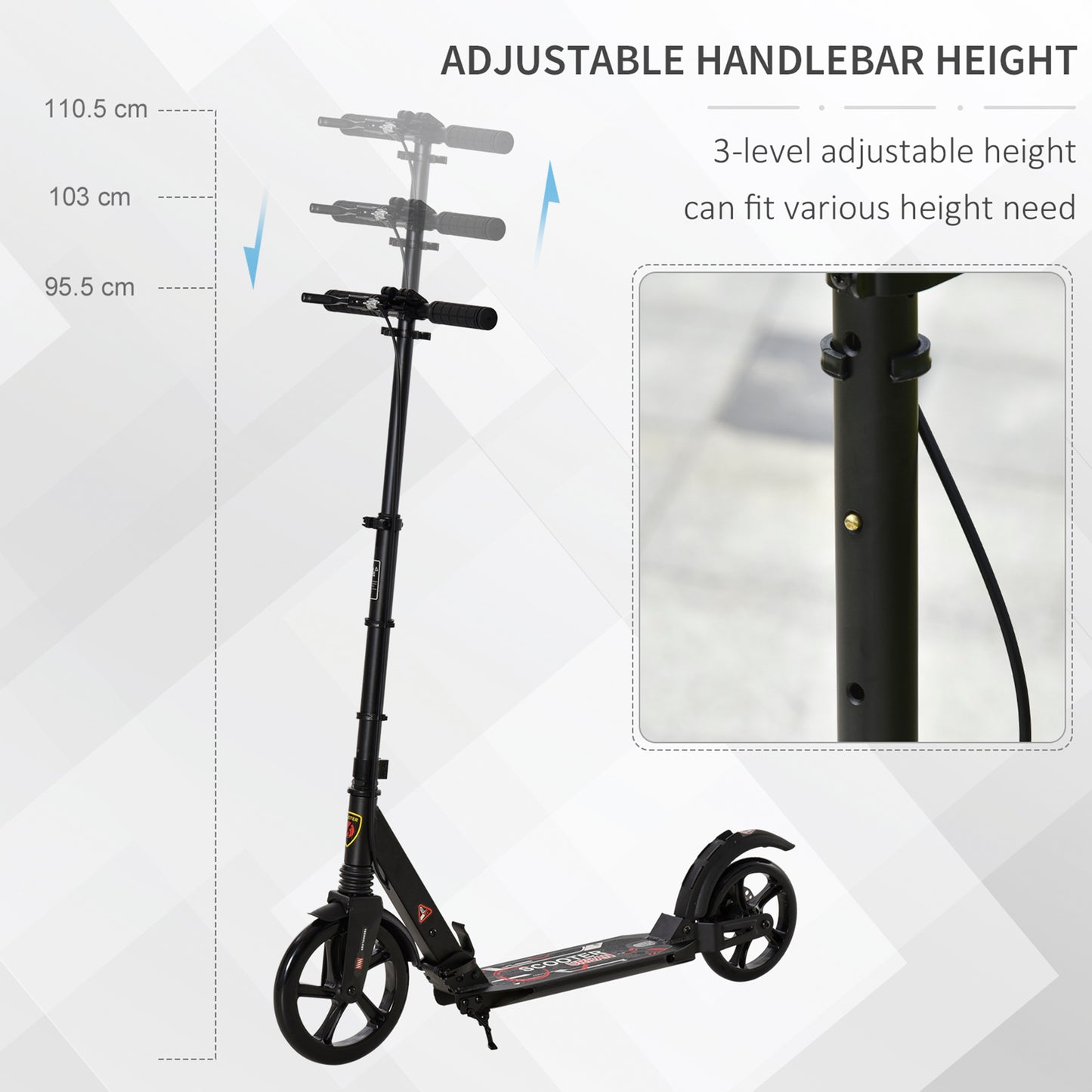 HOMCOM Kick Scooter, Folding 2 Wheel Scooter with Dual Brake System, Dual Suspension, 230mm Big Wheels and 3 Adjustable Handlebar, for 14+ Teens Adults, up to 100KG, Black