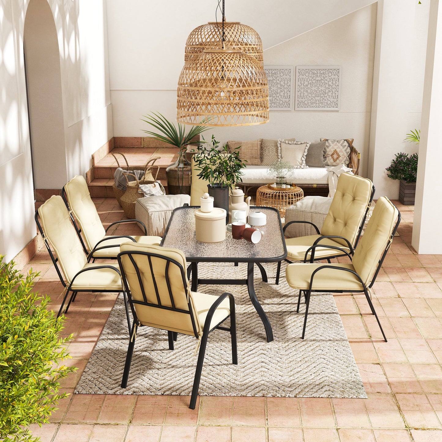 Outsunny Seven-Piece Garden Dining Set with Ripple Tempered Glass Tabletop and Full-size Cushions - Beige