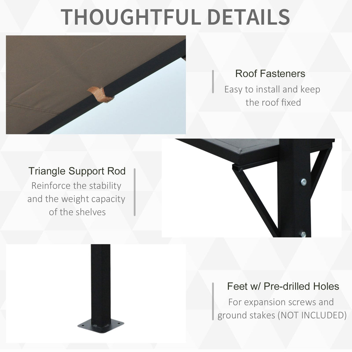 Outsunny grill gazebo construction details: roof fasteners, shelf support, and foot plate