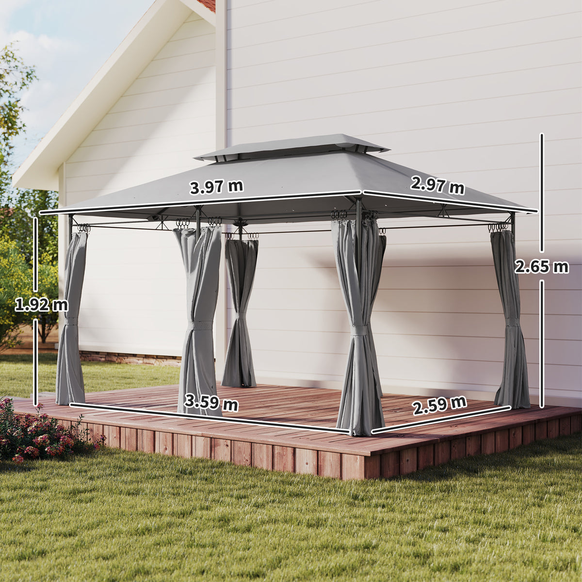 Outsunny gazebo with a dark grey two-tier roof and curtains, with dimensions marked