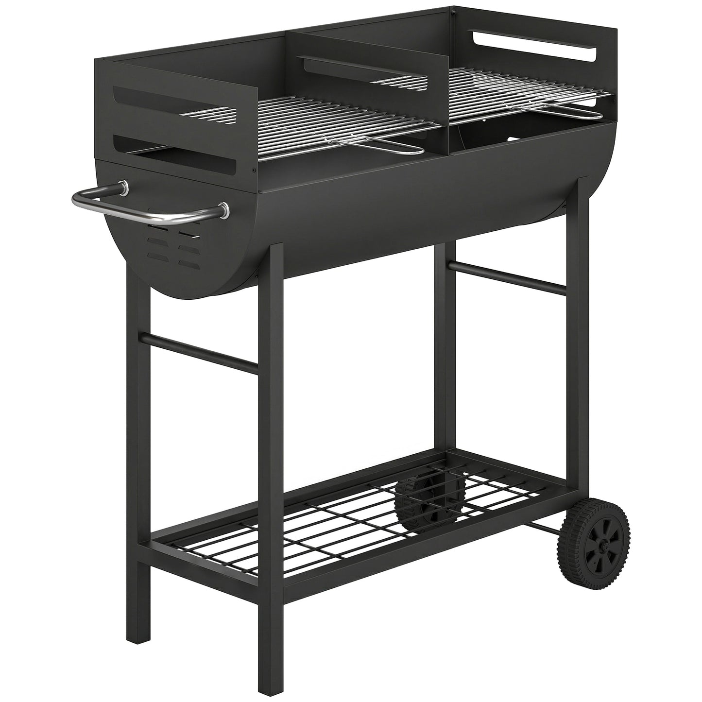 Photo of Outsunny Charcoal Barbecue Grill with 2 Cooking Areas, Portable BBQ Trolley with Wheels, Height Adjustable Grates, Bottom Shelf in Shelf colour on a white background