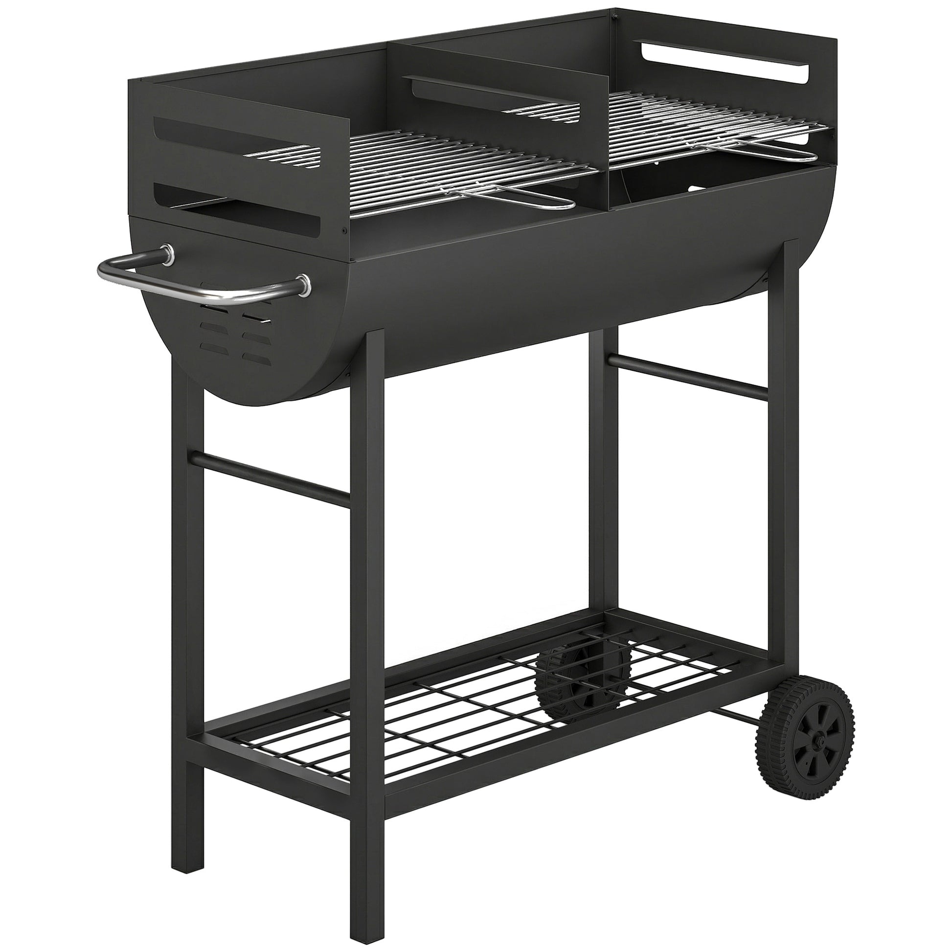 Photo of Outsunny Charcoal Barbecue Grill with 2 Cooking Areas, Portable BBQ Trolley with Wheels, Height Adjustable Grates, Bottom Shelf in Shelf colour on a white background
