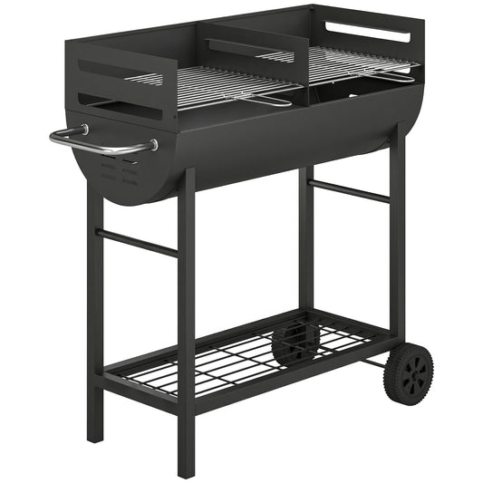 Photo of Outsunny Charcoal Barbecue Grill with 2 Cooking Areas, Portable BBQ Trolley with Wheels, Height Adjustable Grates, Bottom Shelf in Shelf colour on a white background