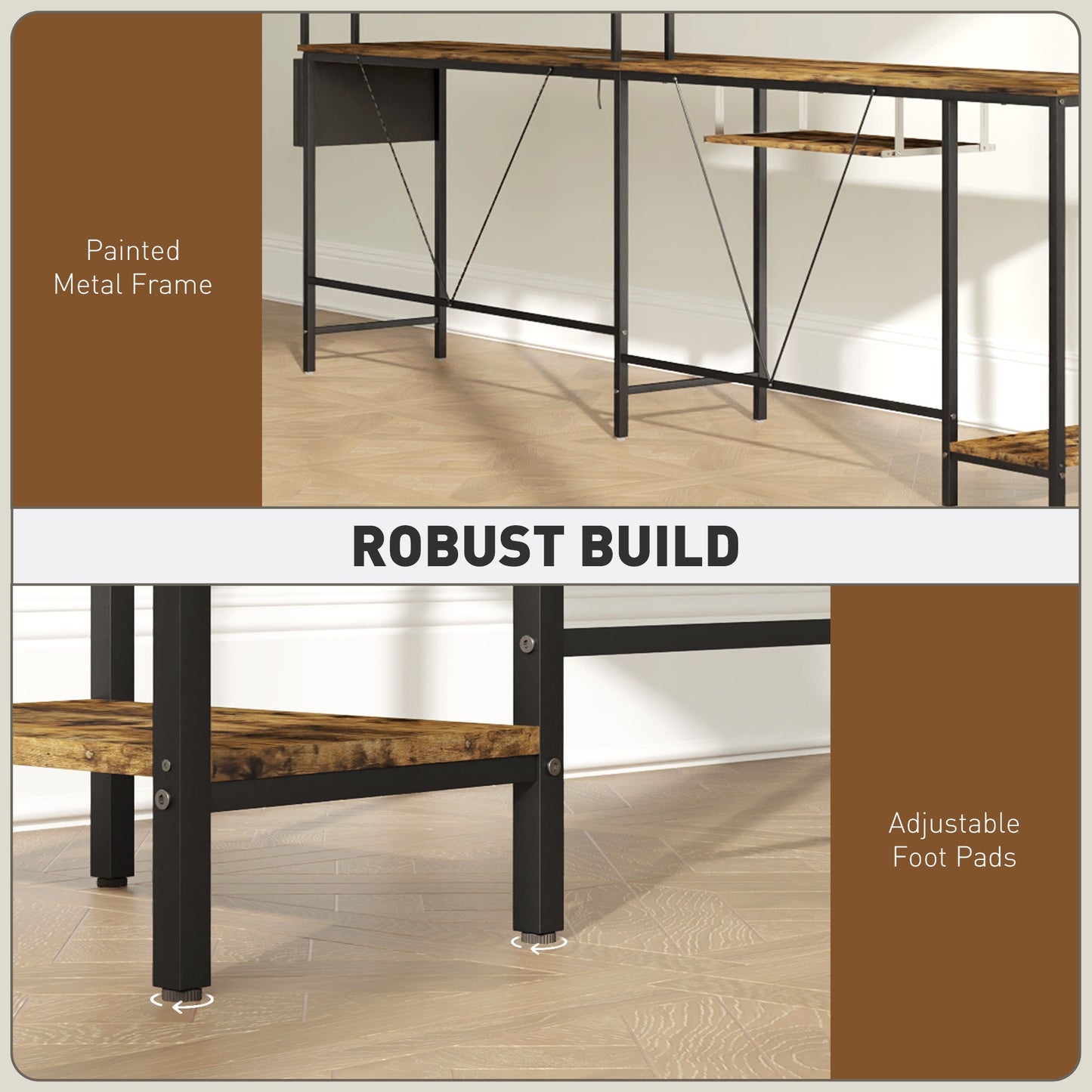 HOMCOM 160cm Reversible L Shaped Desk with Power Outlet, Industrial Corner Desk with Keyboard Tray, Rustic Brown