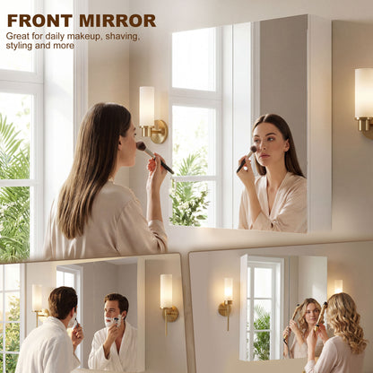 Bathroom mirror cabinet with reflective doors for grooming and makeup.