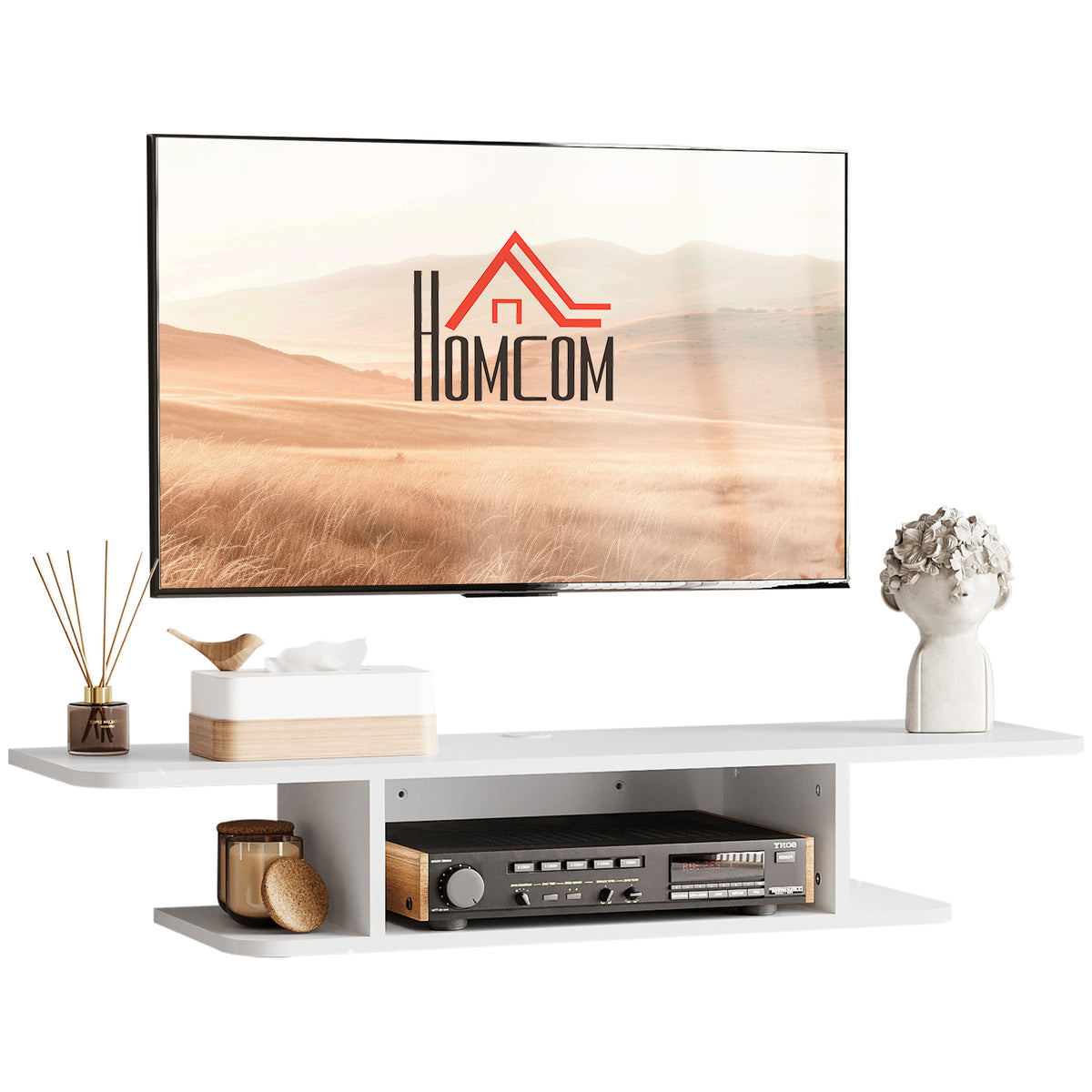 Photo of HOMCOM Floating TV Unit Stand for TVs up to 40", Wall Mounted Media Console with Storage Shelf, Entertainment Center, White in White colour on a white background