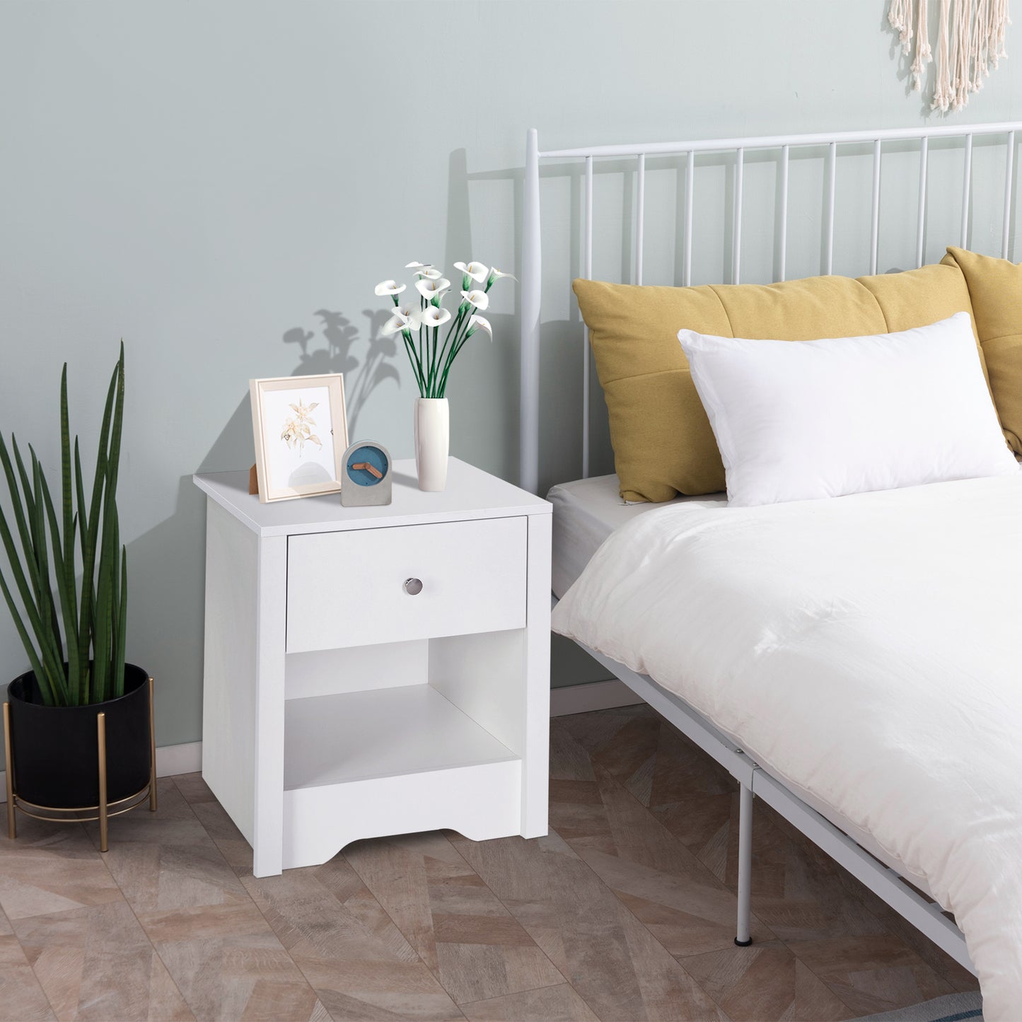 HOMCOM Bedside Table, Nightstand with Drawer and Open Shelf, End Table for Living room, Bedroom, Set of 2, White